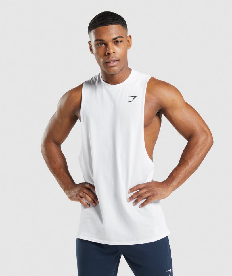 Men\'s Gymshark Critical 2.0 Drop Arm Tanks White | CA 187ND6